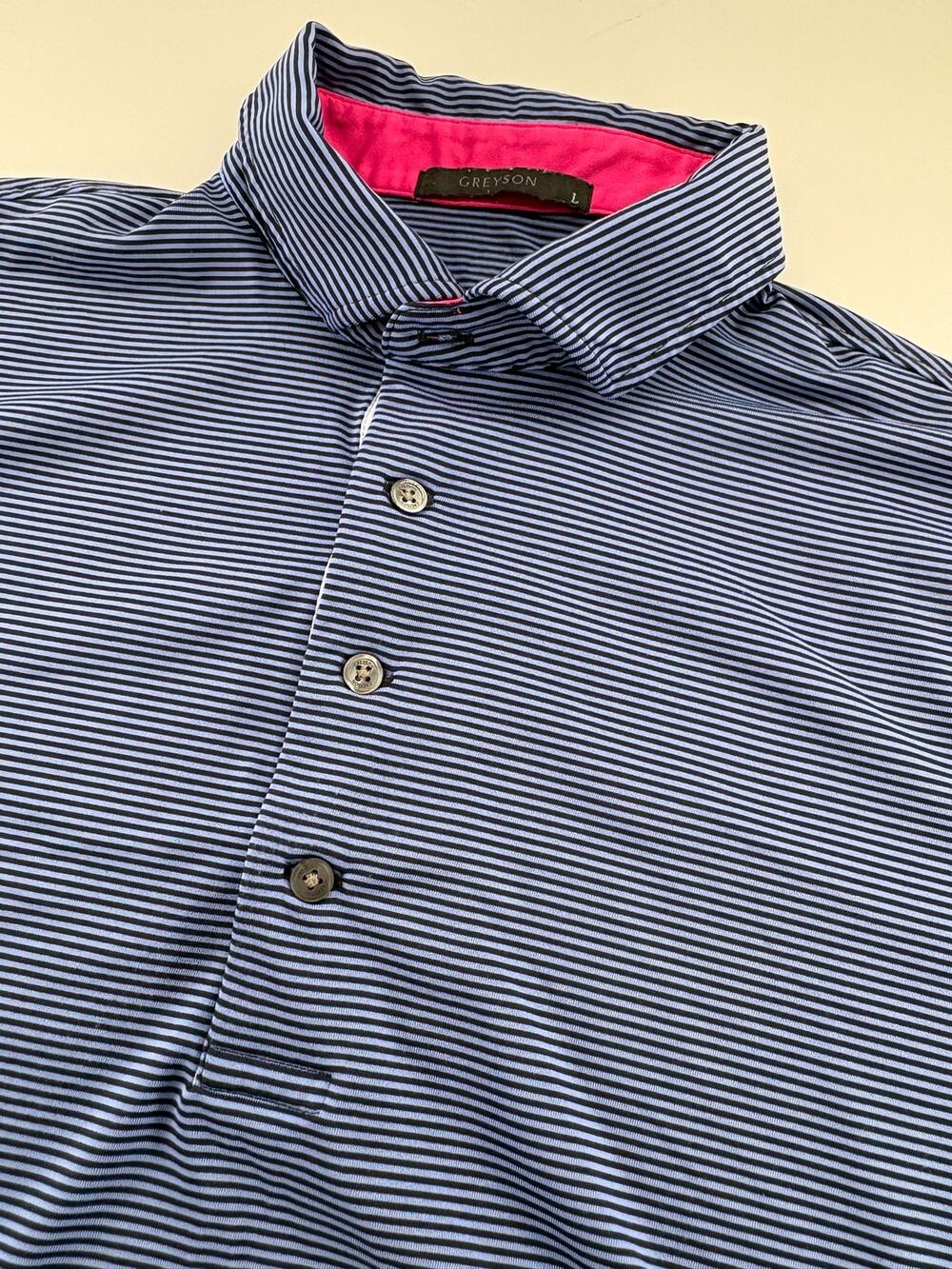 Greyson Men's Large Navy Light Blue Striped Golf Polo Pink Placket Recycled Poly